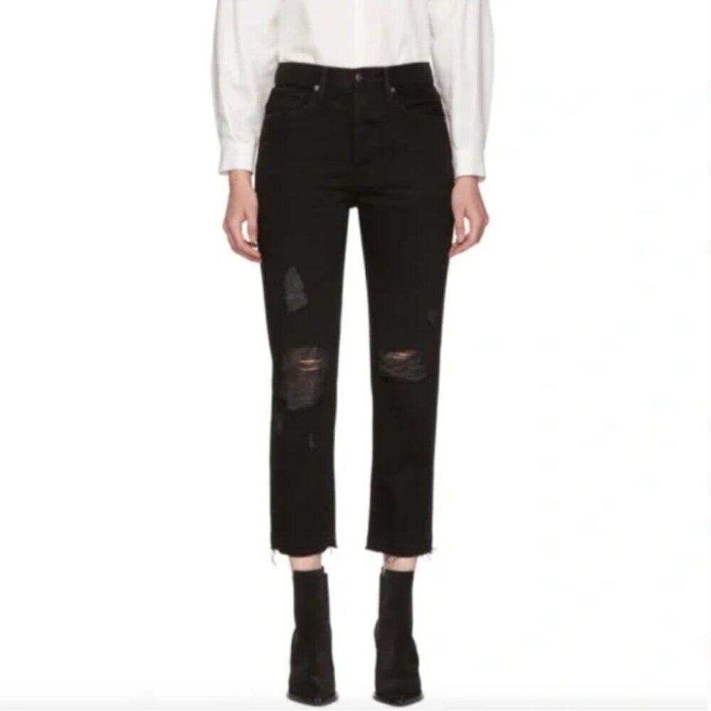Frame Le Original High Rise Straight Leg Distressed Jeans in Grayridge